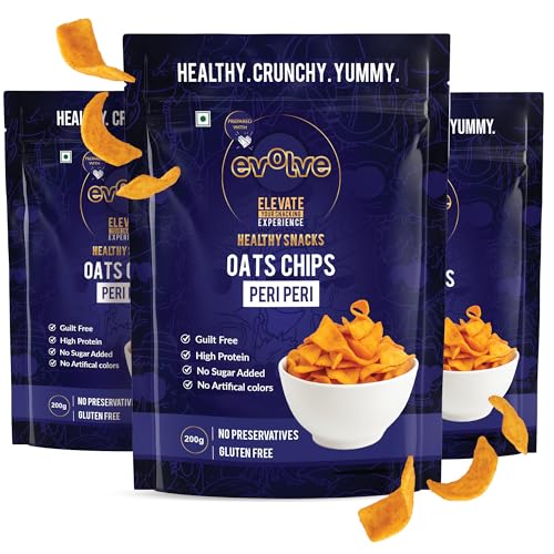Image of Evolve Oats Chips Healthy Snacks for Kids, Adults | Gluten Free, Vacuum Fried, High in Protein, Low Calorie, Peri Peri Flavor - 100g Pack of 3