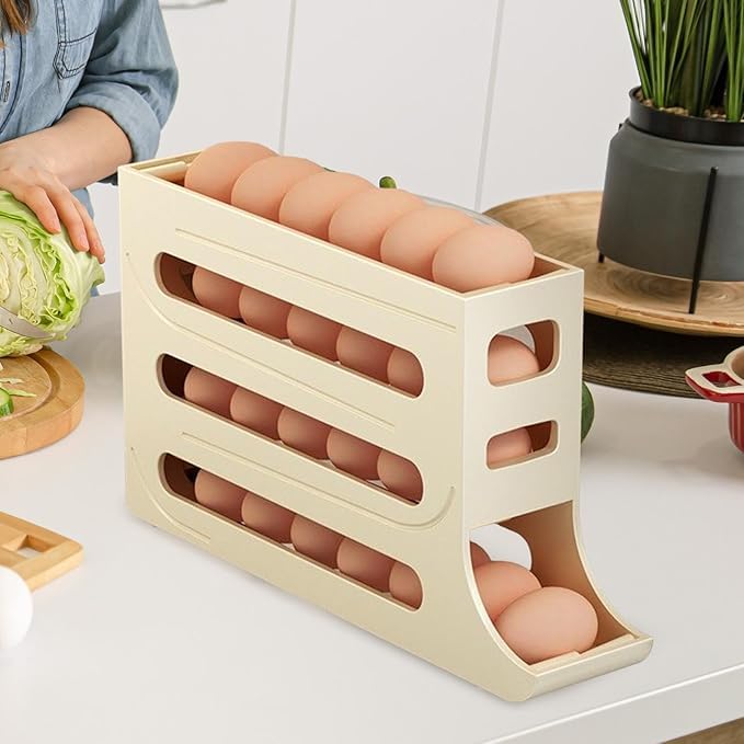 Image of Plastic Automatic Rolldown Refrigerator Rectangular 4 Tier Egg Rolling Dispenser, Holds Up To 30 Eggs, Holder For Fridge Storage - (OFF WHITE)