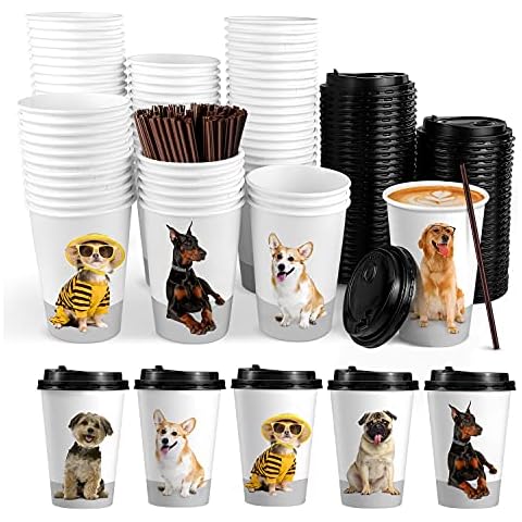 KPX 72 Sets Disposable Coffee Cups with Lids, White Brown To Go Paper Cups, 16 Ounce Hot Drink Cups with Lids & Straws for Office Parties Home Travel (Dog Theme) Cover