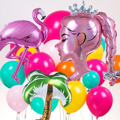 Image of Hot Pink Blue Yellow Orange Balloon Garland Kit Crown Princess Palm Tree Summer Sunglasses Tropical Balloons Arch For doll Theme Pool Party Decoration Girl Birthday Baby Shower Bachelorette Supplies