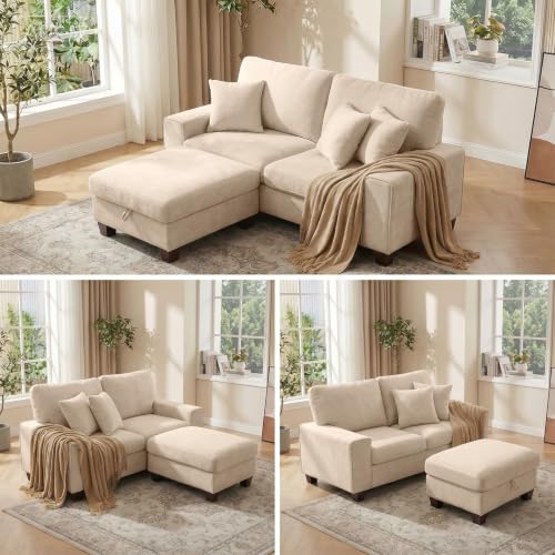 Image of DOPEDIO L-Shaped Sectional Sofa with Storage Ottoman, Modern Chenille Recliner Loveseat, Removable Couch Covers, Pocket Spring Cushions, Solid Wood Frame, Easy to Install (71.25inch, Beige)