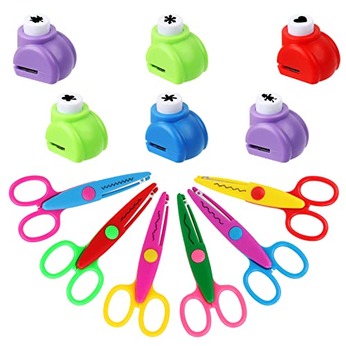 6pcs Ciseaux Enfants Creatifs,6pcs Mini Perforatrice à Papier，Ciseaux Cranteurs, Ciseau Enfant Bordure de Sécurité Variété de Motifs Amusants pour Enfants l'artisanat la Conception Créative