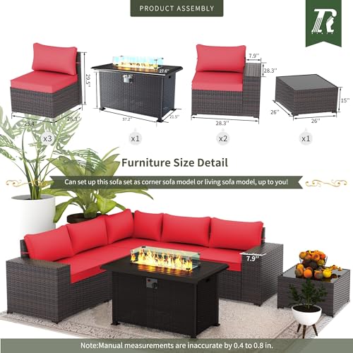 Image of 7 PCS Outdoor Patio Furniture Set,Outdoor Sectional Furniture with 43 inch 55000 BTU Gas Propane Fire Pit Table,All Weather PE Rattan Wicker Patio Conversation Set,Red