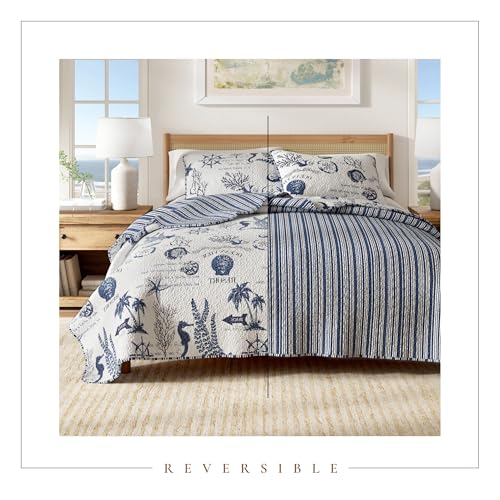 Image of Great Bay Home 3 Piece Quilt Set with Shams. Soft All-Season Microfiber Bedspread Featuring Attractive Seascape Images. Machine Washable. Catalina Collection (Full /Queen, Navy)