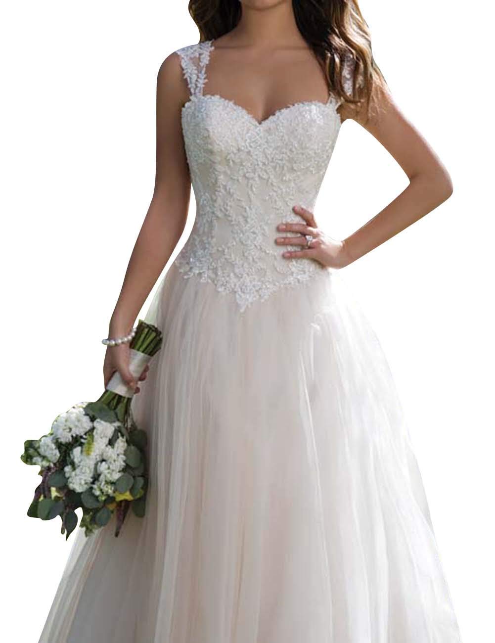 Robe de Mariée Longue en Tulle - Ligne A - Col en Cœur Avec Bretelles pour Femme