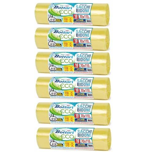 Bottari Lot de 60 sacs poubelle 110 L 70 x 110 cm avec lacets de fermeture, jaunes, collecte différenciée sèche, sacs poubelle résistants et recyclés, 6...