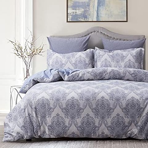 David's Home 100% Cotton Duvet Cover Set Queen Size, Paisley Botanical Duvet Cover with Pillow Shams, 3pcs Ultra Soft and Breathable Comforter Cover Set, 90x 92 Inches, Blue Cover