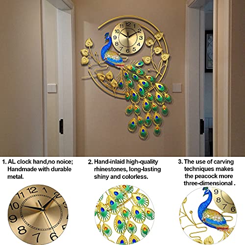 Image of Large Peacock Wall Clock 36.6 inch Metal Design Non-Ticking Silent Art Digital Wall Clocks for Living Room Decor (Yellow&Green)