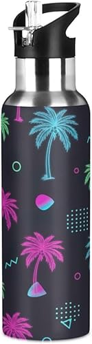 Tropical Palm Trees - Botella de agua de acero inoxidable con aislamiento de neón con pajilla, 32 onzas, sin BPA, botella de agua deportiva a prueba