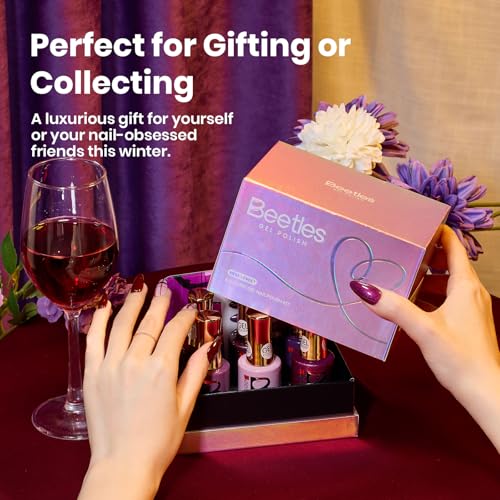 Image of Beetles Purple Gel Nail Polish - HEMA-Free 15ML Full Size 6 Colors Dark Purple Glitter Shimmer Color Gel Nail Polish Set Cassis Night Collection Kit with Swatch Card Home Salon Soak Off UV LED Gifts