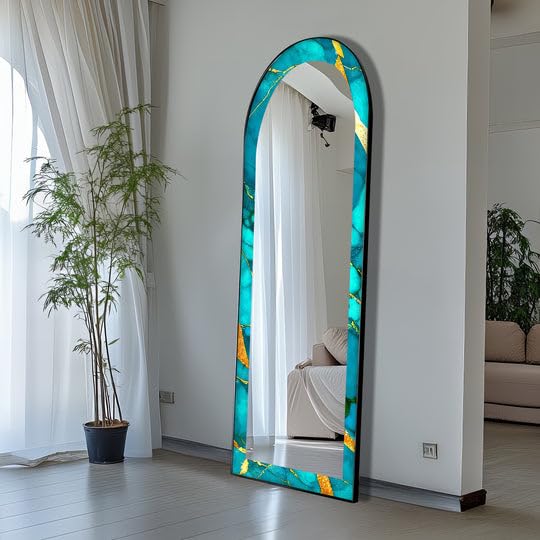 Specchio da pavimento in marmo con venature dorate oceaniche da 63,5 x 160 cm (larghezza x altezza), specchio da pavimento con cornice nera e cornice nera