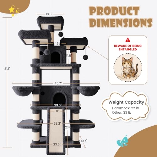 Image of SHA CERLIN 81 Inches Extra Large Cat Tree for Indoor Adult Cats /XXL Big Cat Tower with Condo /Cozy Perches /Sisal Scratching Posts and Hammocks /Activity Center /F80 /Heavy Duty /Dark Grey