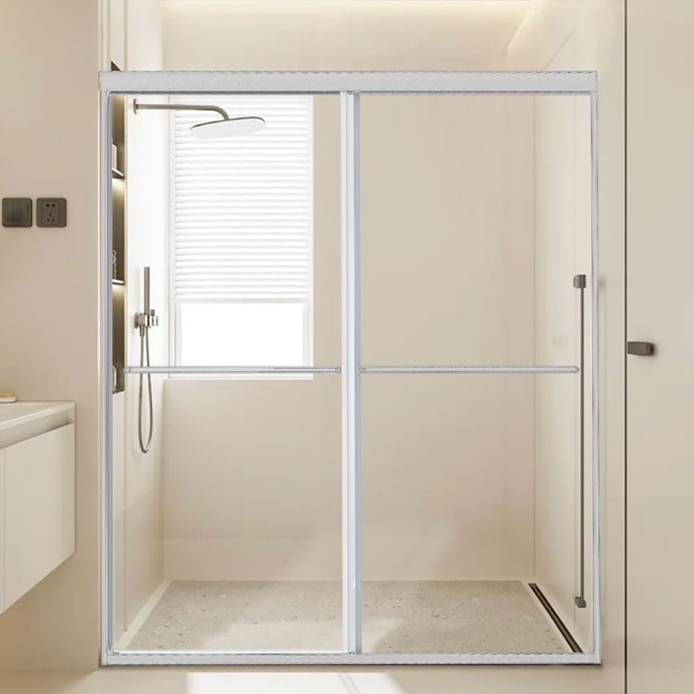 56-60 in. W x 70 in. H Semi-Frameless Double Sliding Shower Door, Tempered Glass Adjustable Width, Explosion-Proof Film, Walk-in Shower Compatible, Chrome