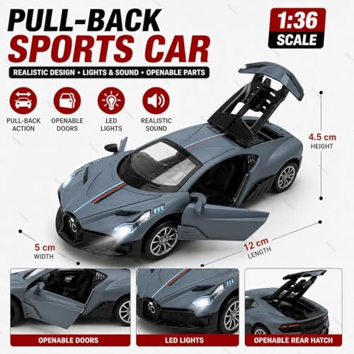Image of 1:36 Scale Bugatti Die-Cast Toy Car - Pull Back Metal Model with Openable Doors, LED Lights & Music - Alloy Mini Car Gift for Kids, Boys & Collectors 【Grey】