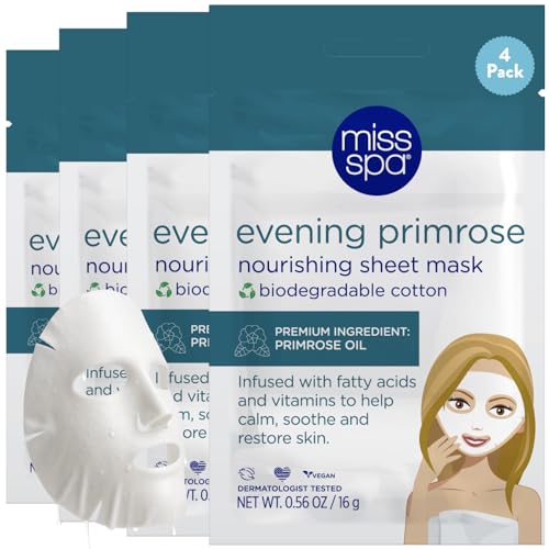 MISS SPA Evening Primrose Nourishing Biodegradable Cotton Sheet Mask, Primrose Oil Omega-6 Fatty Acids Calms Restores and Soothes Skin, Vegan Cruelty-Free, Dermatologist Tested, 4 pack