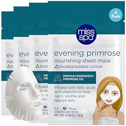 MISS SPA Evening Primrose Nourishing Biodegradable Cotton Sheet Mask, Primrose Oil Omega-6 Fatty Acids Calms Restores and Soothes Skin, Vegan Cruelty-Free, Dermatologist Tested, 4 pack