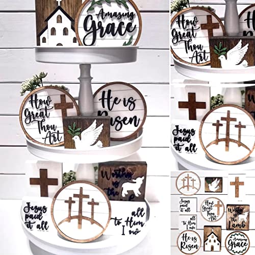 10 Pcs Jesus is Risen Easter Tray Bundle Kit,Mini Resurrection Scene Set Wooden Jesus Nativity Scene Farmhouse Farmhouse Rustic Tiered Tray Items for Indoor Home Table Mantle Office