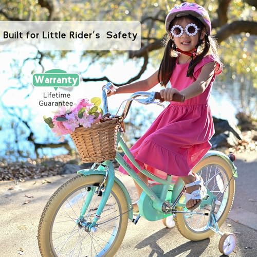 Image of Glerc Little Molly 12-20 Inch Kids Retro Cruiser Bike for 2-13 Year Old with Wicker Basket & Training Wheels /Kickstand, Multiple Colors