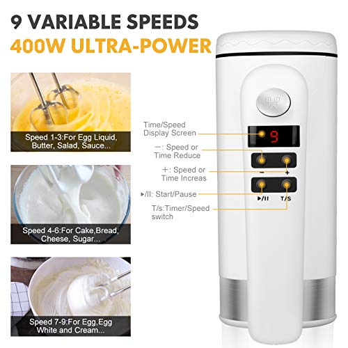 Foto von Elektrischer Handmixer, AXUAN 400W Leistung 9 Geschwindigkeiten Handrührer Handheld Mixer mit 6 Edelstahl Aufsätzen (2 Quirle, 2 Knethaken und 2 Schneebesen), Aufbewahrungskoffer, weiß