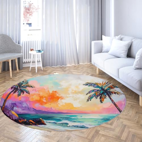 油絵スタイルの丸い敷物 160cm 鮮やかなヤシの木ビーチ風景薄いフロアマットリビングルームベッドルームリラックスホームデコレーション