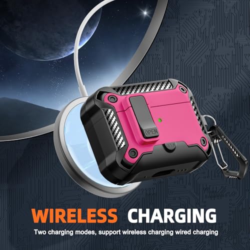 Image of for AirPods Pro 3 Case with Lock & Phone Stand(Rose red) | Automatic Snap Switch Lock,Carbon Fiber Texture Design Cover with Cleaner Kit