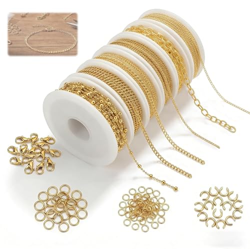 Nevoluxer Lot de 6 Rouleaux de chaîne à maillons dorés - Chaine Bijoux en Acier Inoxydable,...