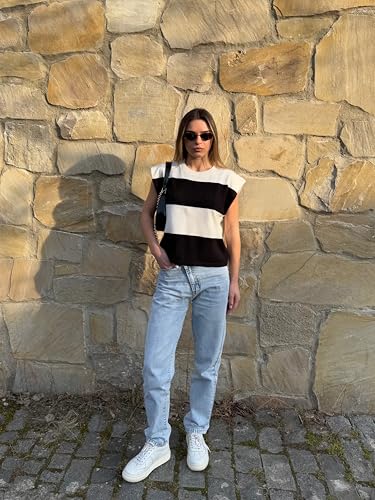 Image of HVT Womens Sweater Vest Cap Sleeve Tops Summer Loose Fashion Vest Striped Casual Shorts Sleeve Color Block Top Trendy Blouses Black
