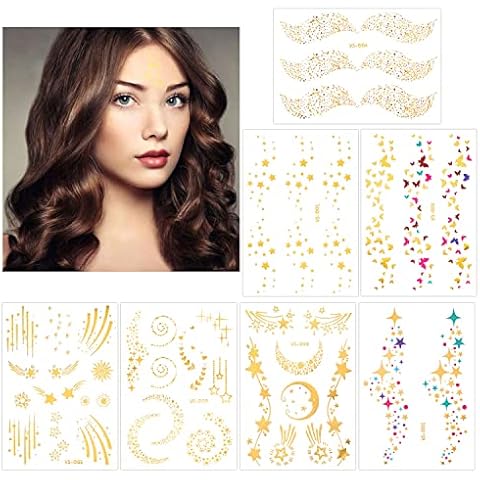 Konsait 7sheets Face Tattoo Sticker Metallic Temporary Transfer Tattoo Waterproof Face Jewel Flash Tattoos for Women Girls Make Up Dancer Costume Parties, Shimmer Glitter Designs Gold Tattoos Cover