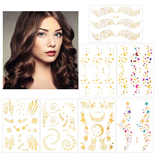 Konsait 7 feuilles Tatouage Temporaire Visage, Tatouages éphémères Métalliques Brillants Tattoo Temporaire Dorés Autocollants pour Femmes