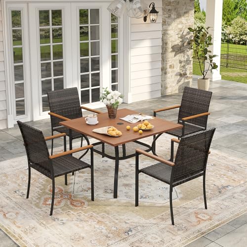 Image of VICLLAX Outdoor Patio Dining Table for 4, Square Patio Table with Umbrella Hole for Patio Lawn Deck Backyard, Walnut Tabletop