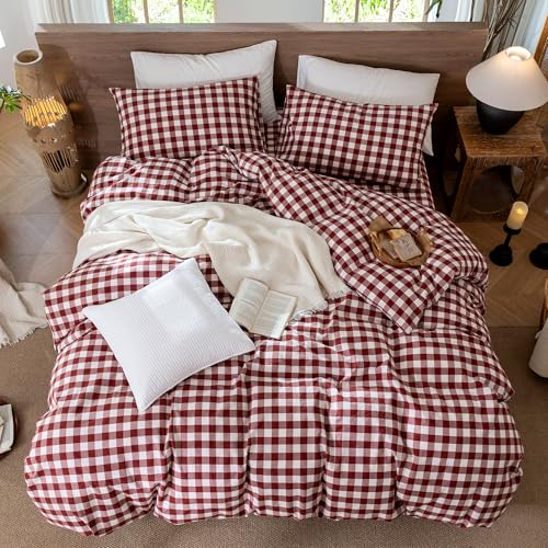Image of MooMee Gingham Duvet Cover Set 100% Washed Cotton Linen Like Textured Breathable Durable Soft Comfy Modern Checkered Design (Buffalo Plaid Fired Brick Red, King 104 inchx90 inch)