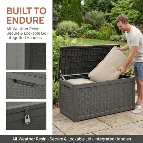 Image of 265 Gallon Resin Deck Box Outdoor Storage Chest, Large Waterproof Patio Storage Box, All-Weather Garden Storage Container for Cushions, Pool Supplies, Yard Tools - Easy Assembly, Lockable Lid
