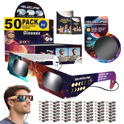 Helioclipse 50 Pack Solar Eclipse Glasses 2026 - Trusted for Direct Solar Eclipse Viewing - Iso...