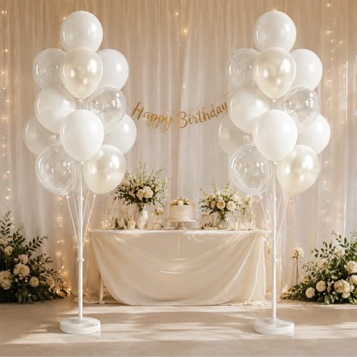 Image of White Balloon Column Stand Kit Set of 2 Included-Pearl white Globos Blancos alloon Sticks with Base&Pole,Backdrop Decoration for Wedding Bridal Baby Shower Birthday,Anniversary Party
