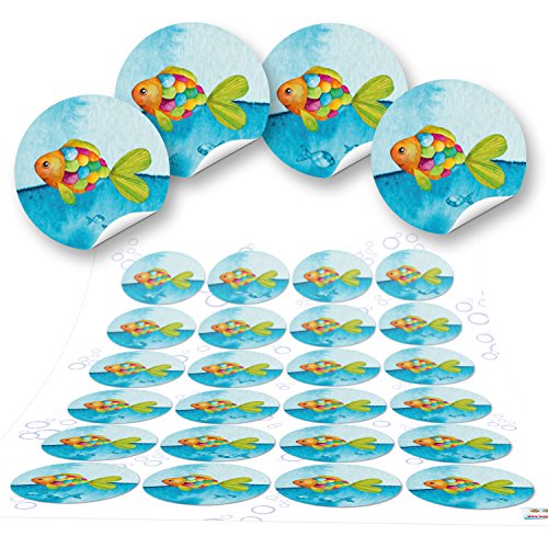 Logbuch-Verlag 24 Fische Aufkleber Regenbogen Fisch Sticker für Kommunion Taufe Konfirmation Geschenkaufkleber türkis bunt 4 cm