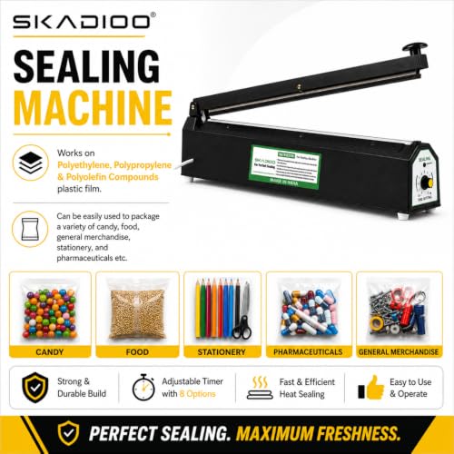 Image of SKADIOO Sealing Machine for Food Packets | 16 Inch Black Metal Body Heat Sealer with Adjustable 8 Level Timer Control | Hand Press Packet Sealer Machine for Plastic Bags, PE & PP Bags, Home & Shop Use