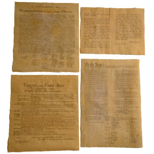 TG,LLC Treasure Gurus 4 Antiqued Dyed Parchment Paper Historical Documents Declaration of Independence, Bill of Rights, US Constitution, Gettysburg Address