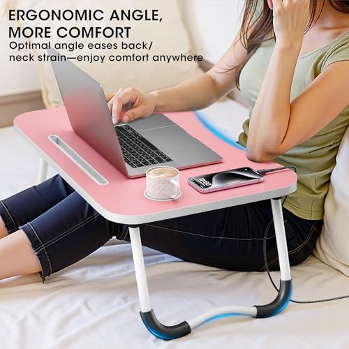 Image of Folding Lap Desk, 23.6 Inch Wood Laptop Bed Desk with Cup Holder, Portable Bed Table for Working Writing Reading & Eating for Bed, Sofa, Couch, Floor - Pink