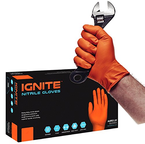 IGNITE Diamond-Textured ORANGE Powder-Free Heavy Duty Nitrile Gloves (90, XL)