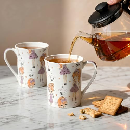 Image of U.P.C.Milk Mug Set of 2 | Ceramic & Bone China Coffee Milk Cups | Designer Printed Tea Coffee Mug Set | Large Capacity Milk Mugs | Microwave Safe Cup Set | Drinkware Gift Set (Girl Doll - Purple)