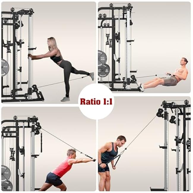 Smith Machine, Multifunctional Power Cage Rack with Smith Bar and Cable Pulley System, and LAT Pull Down Machine for Home Gym¡