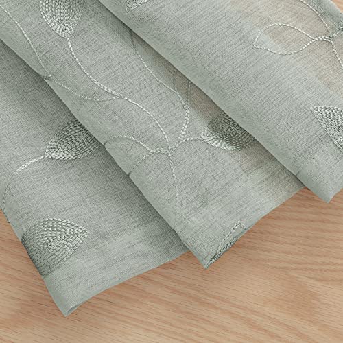 Homeideas HT22V036N-3024 Sage Green Sheer Kitchen Curtains 30 X 24 Inch Length 2 Panels Embroidered Leaf Pattern Short Curtains thumb #3