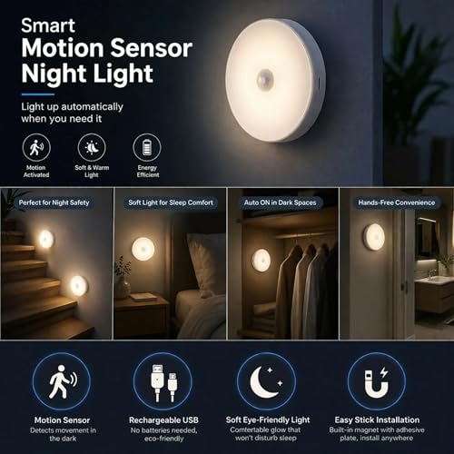 Image of Motion Sensor Light for Home with USB Charging, Wireless Sensor Light for Wardrobe, Night Light for Cupboard, Stairs - White (Pack-1)