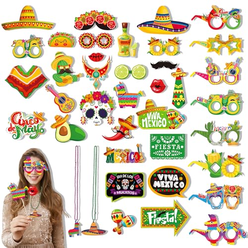 Accesorios Props Foto Booth Mexicano, 40 Piezas Photocall Fiesta Mexicana con Gafas de Papel y Collar, Divertidos Accesorios Selfie Carnaval Fotomatón para Decoración Cinco de Mayo