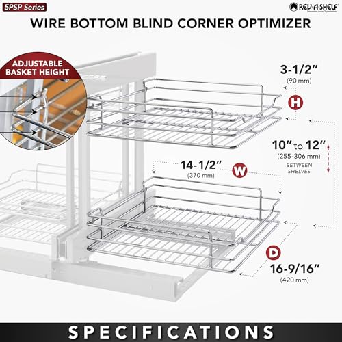Image of Rev-A-Shelf Chrome Two-Tier Wire Bottom Pullout Organizer with Soft-Close for Blind Corner Base Kitchen Cabinets, Adjustable 4-Basket Storage System, Min Opening Width of 18 inch, 5PSP-18SC-CR
