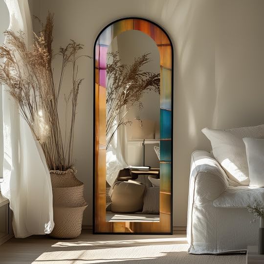 23,5’’W x 67’’H Multicolor Reflective - Full Lenght Floor Mirror Arched Full Lenght Mirror - Arch Full Body Stained Floor Mirror with Black Frame with Silver Frame