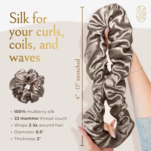 Image of Silk Scrunchies for Women Ponytail Holders - Oversized Mulberry Silk Scrunchies - Extra Large No Damage Hair Ties for Curly, Thick, and Thin - Hair Accessories for Women - London Fog, XL By Curlfriend