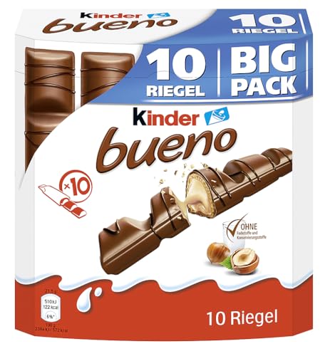 kinder bueno Big Pack – Schokoriegel mit knuspriger Waffel, feiner Milch-Haselnuss-Cremeund zarter Vollmilchschokolade – 1 Großpackung mit 10 einzeln verpackten Riegeln (10 x 21,5 g)