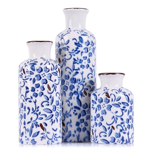 Image of Chinoiserie Decor Ceramic Vases Set - 3 Blue and White Vase, Chinoiserie Vase Farmhouse Country, Flower Vases Home Decor, Living Room Decoration, Entrance, Fireplace, Table Decoration, Centerpieces