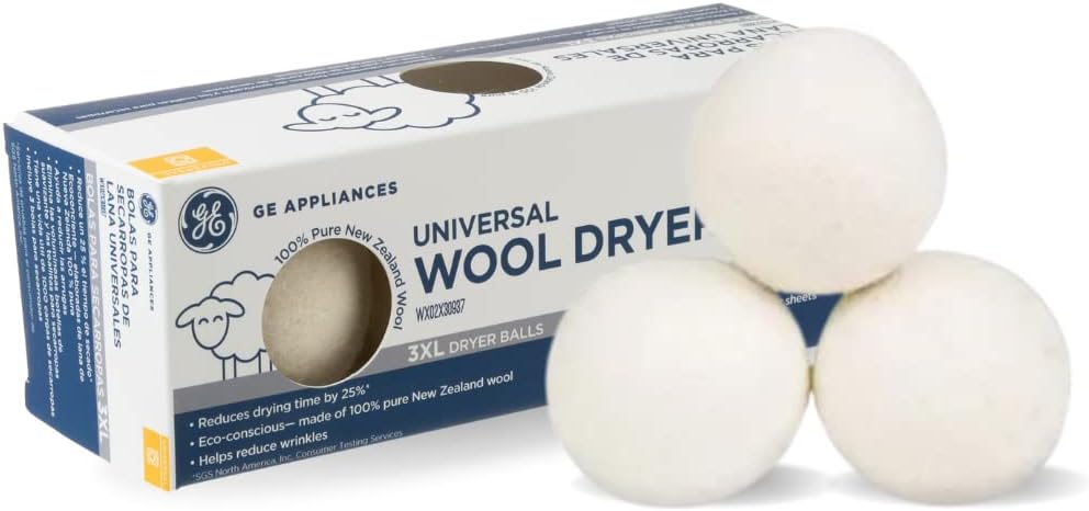 GE Appliances Wool Dryer Balls, XL Reusable Natural Fabric Softener Made of 100% Pure New Zealand Wool, Set of 3
